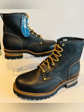 Skechers Mens Black Leather Lace Up Boots Size 13 NWT